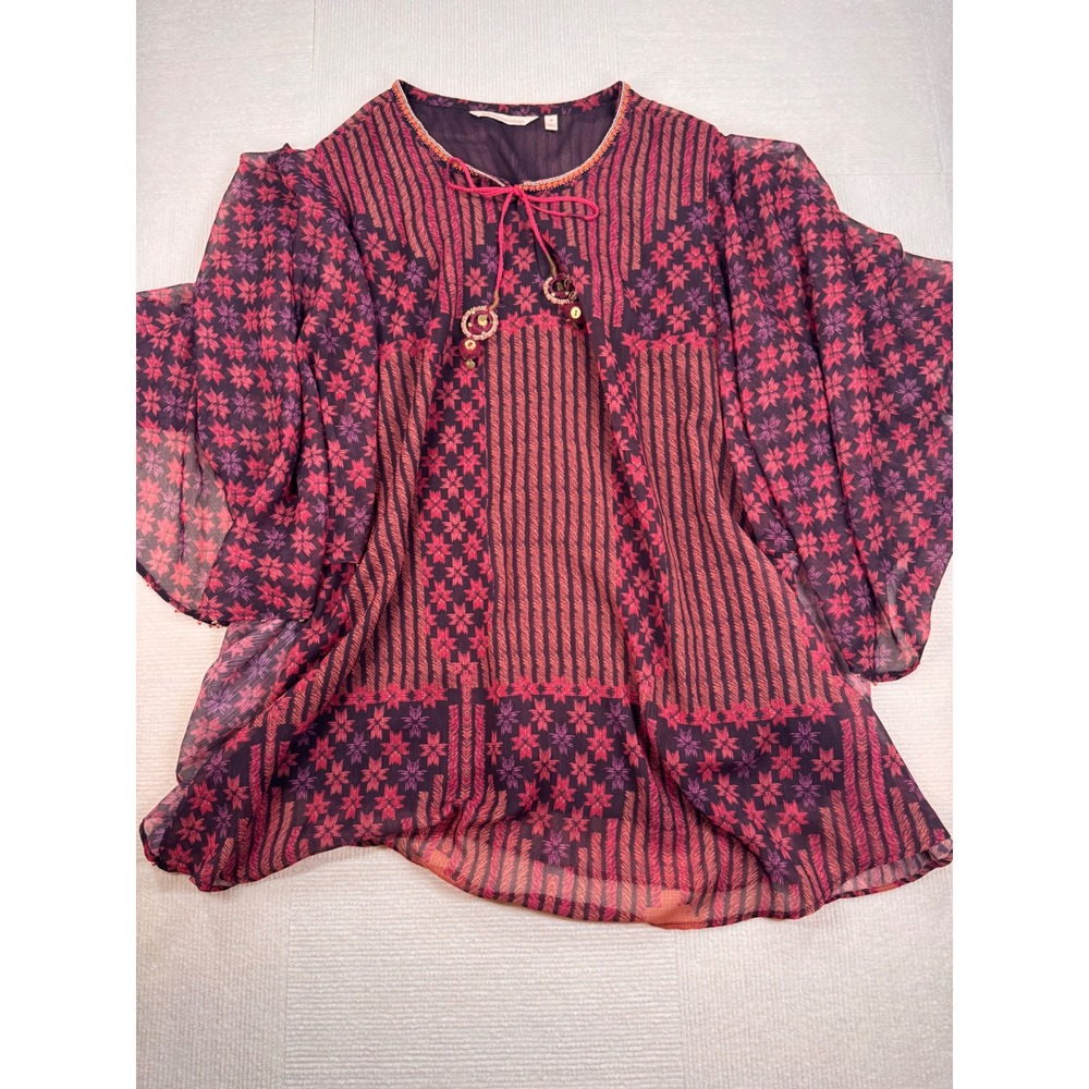 Soft Surroundings Burgundy Pink Boho Geometric Beaded Tassel Blouse 2DR77 Medium